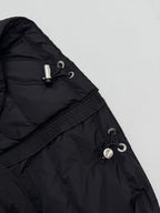 Prada hooded puffer jacket with drawstring and metal toggles, dark black