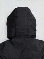 Prada hooded puffer jacket back view with hood, dark black