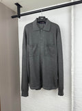 Heather gray long-sleeve button-up shirt with polo collar and front placket