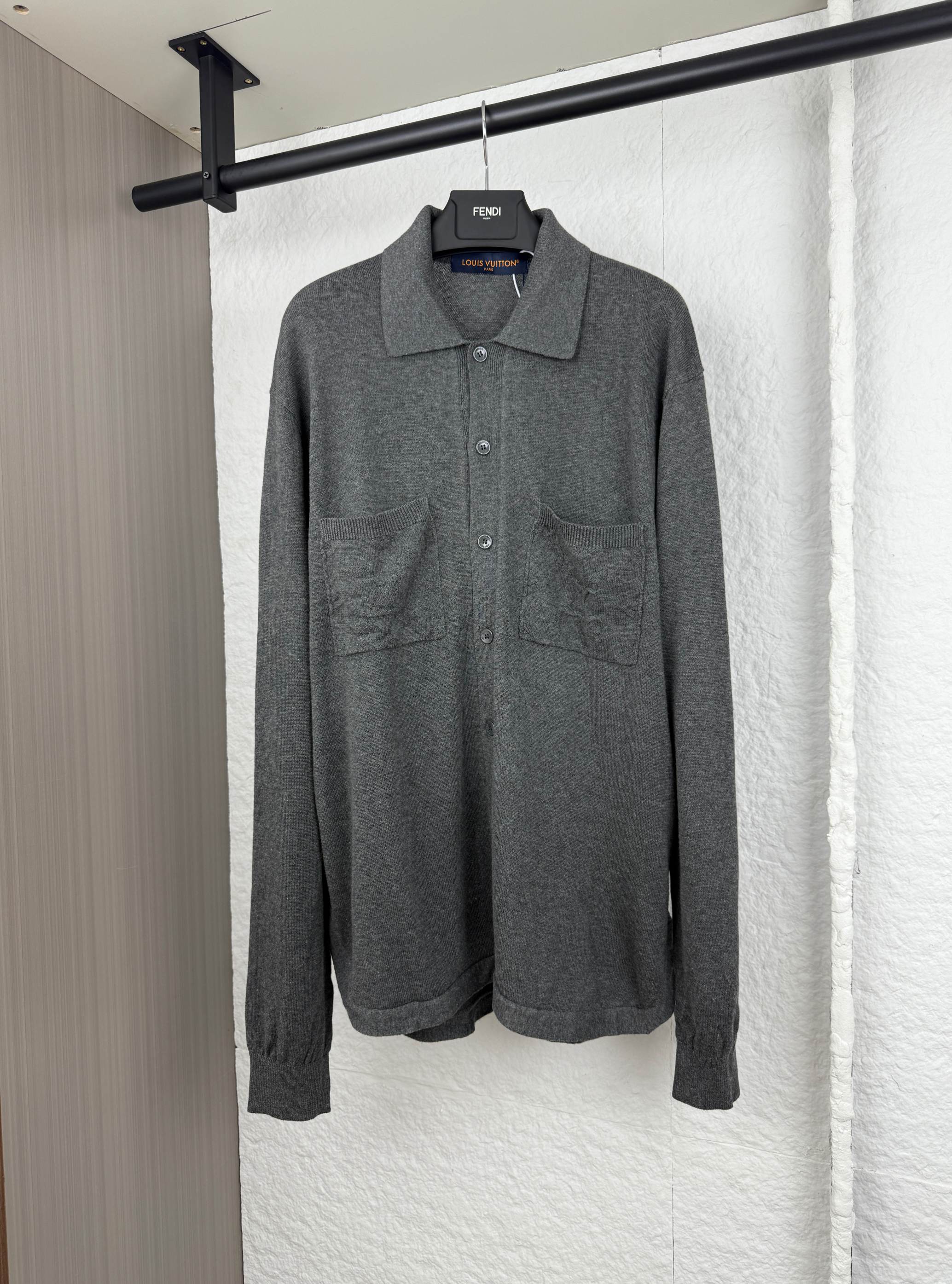 Heather gray long-sleeve button-up shirt with polo collar and front placket