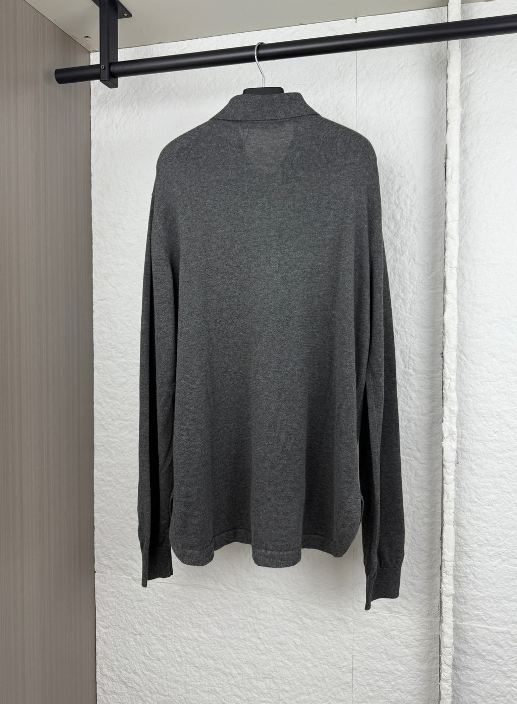 Heather gray long-sleeve button-up shirt, back view with raised polo collar