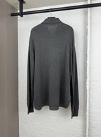 Heather gray long-sleeve button-up shirt, back view with raised polo collar