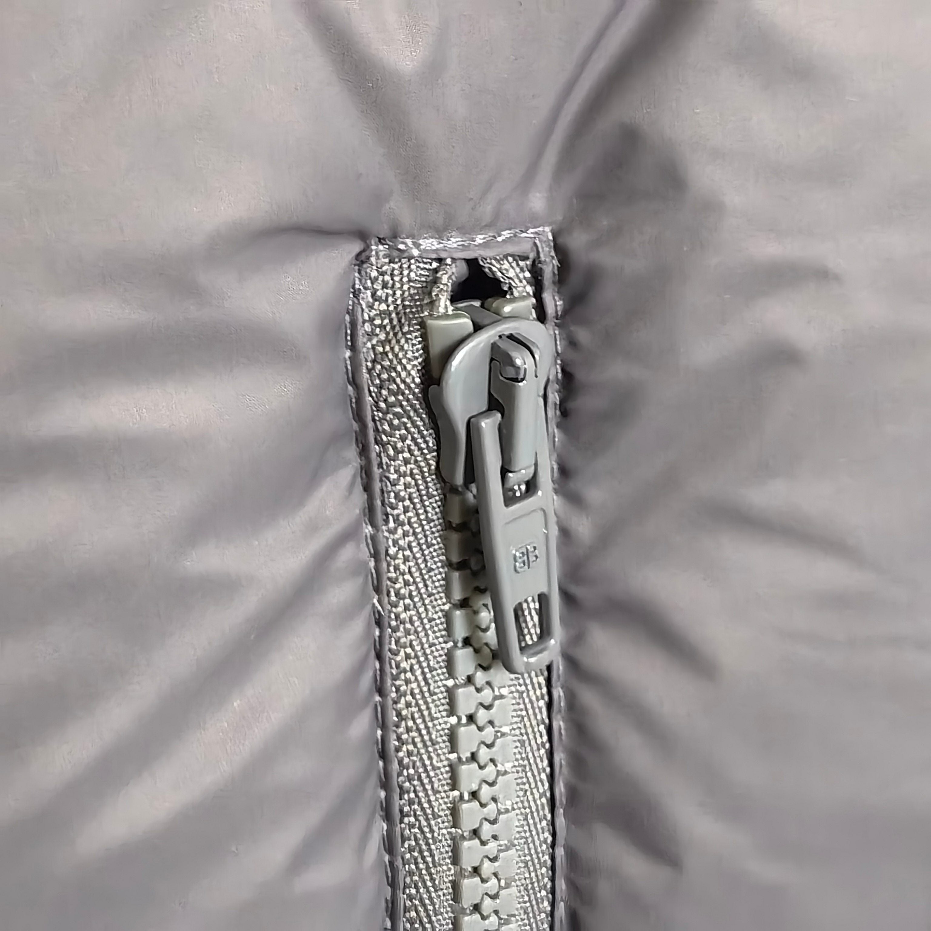 Balenciaga long jacket, gray puffer with front zipper and fabric zipper pull detail