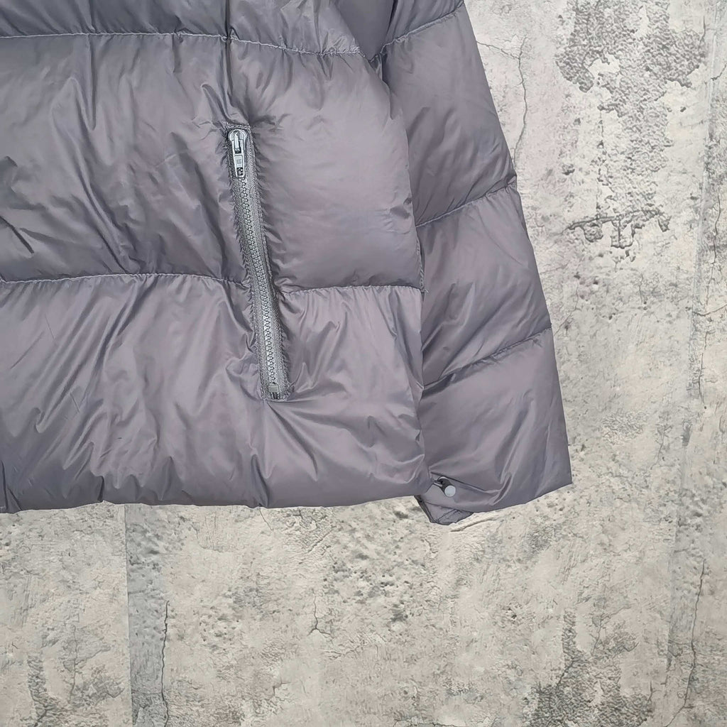 Balenciaga long jacket, gray quilted puffer with full front zipper and patch pockets