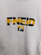 White crewneck sweatshirt with large Fendi logo graphic on the front