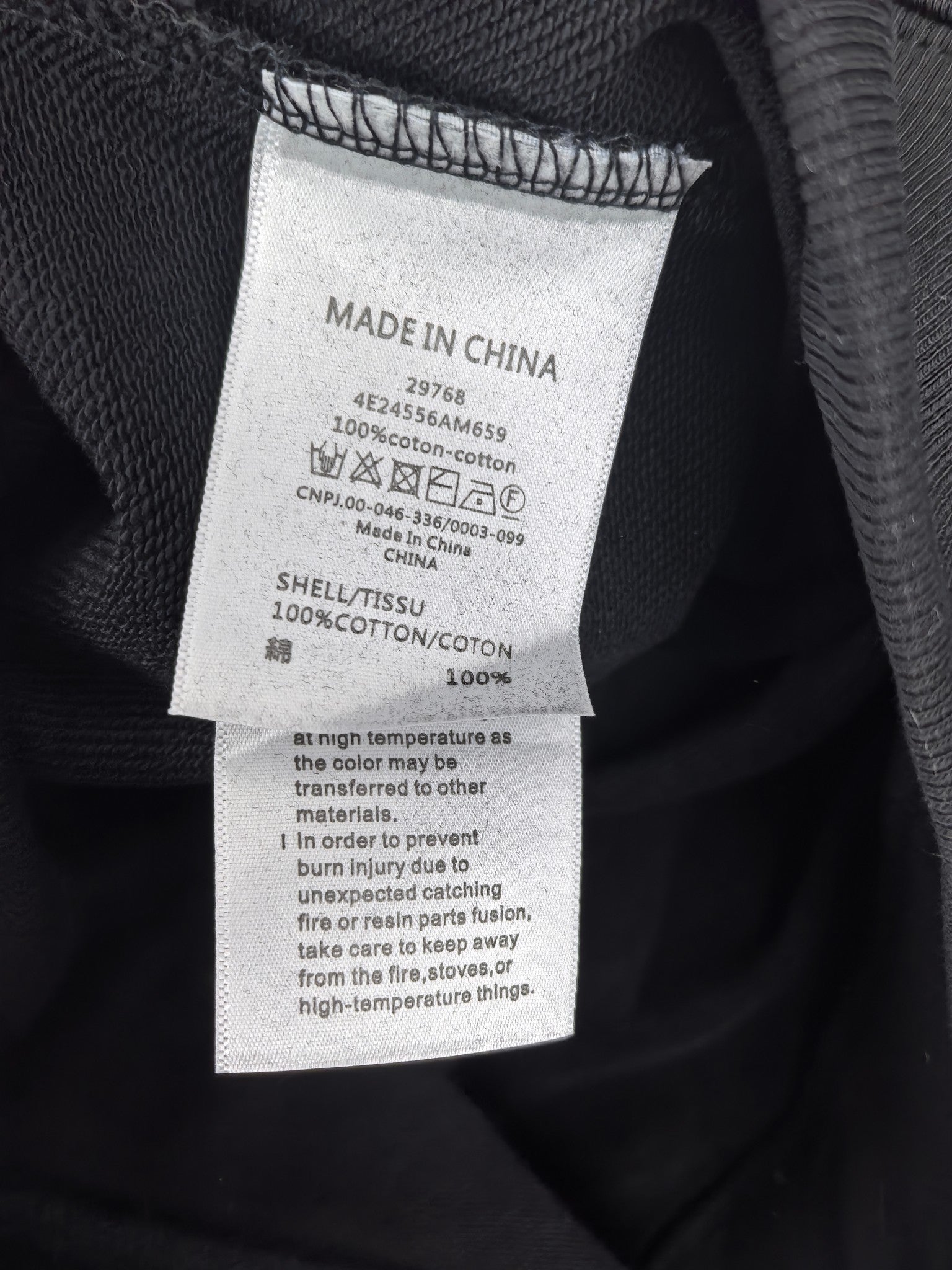 Fendi sweatshirt care label, made in China, 100% cotton