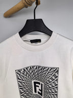 White crewneck sweatshirt neckline with large FF logo graphic