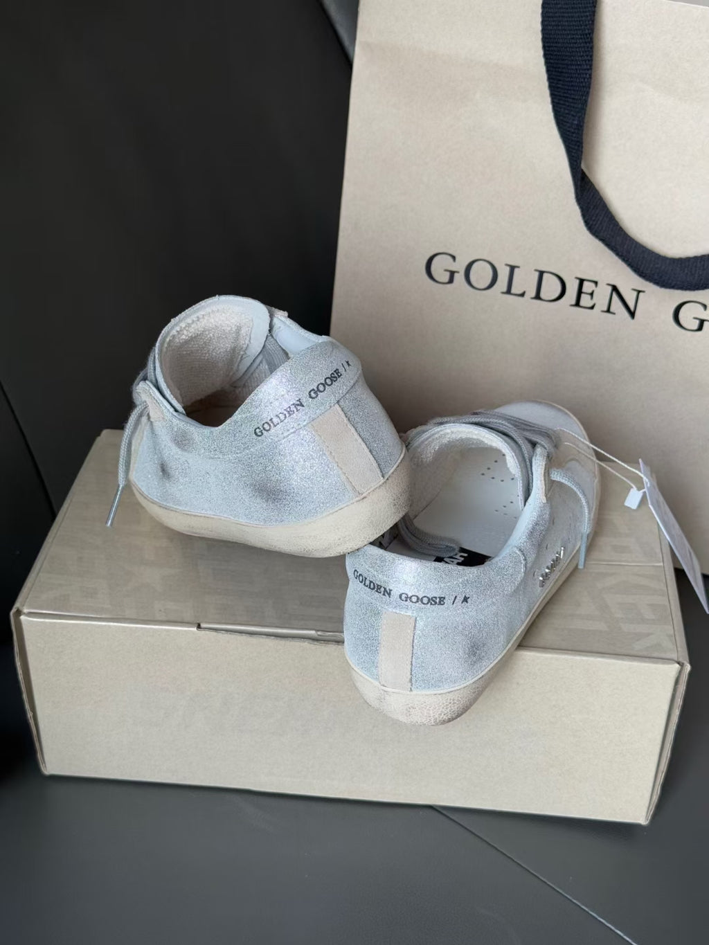 Golden Goose light blue sneakers from heel view, lace-up with white midsoles