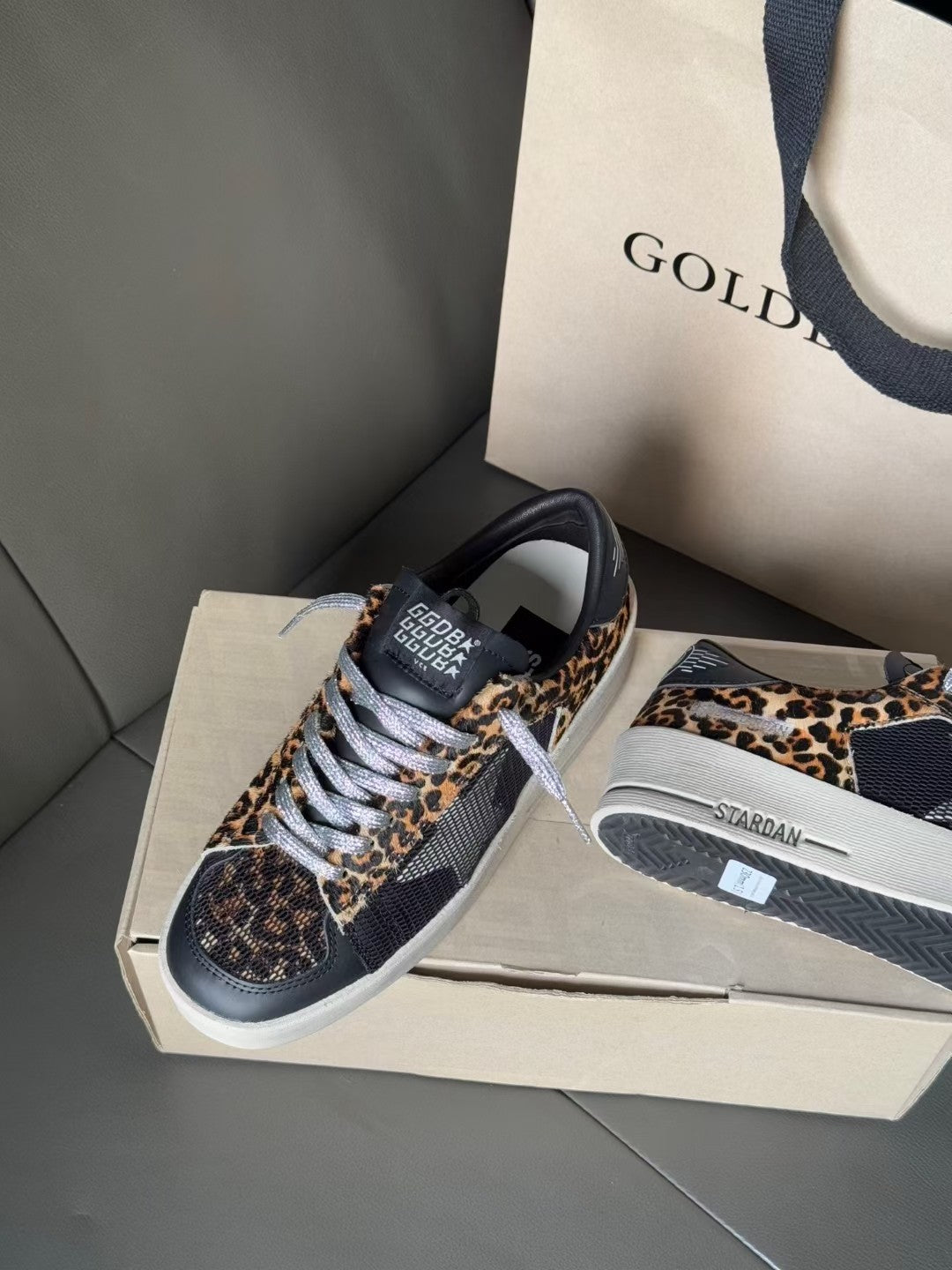 Golden Goose low-top sneakers with leopard-print panels and lace-up front, navy
