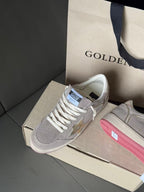 Golden Goose low-top sneakers, light gray with white laces and pink-red heel trim