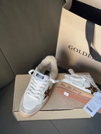 Golden Goose white sneakers with leopard panel, tan sole, and plush sherpa collar lining