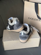 Golden Goose glitter navy sneakers with white star, beige sole, plush sherpa lining, lace-up
