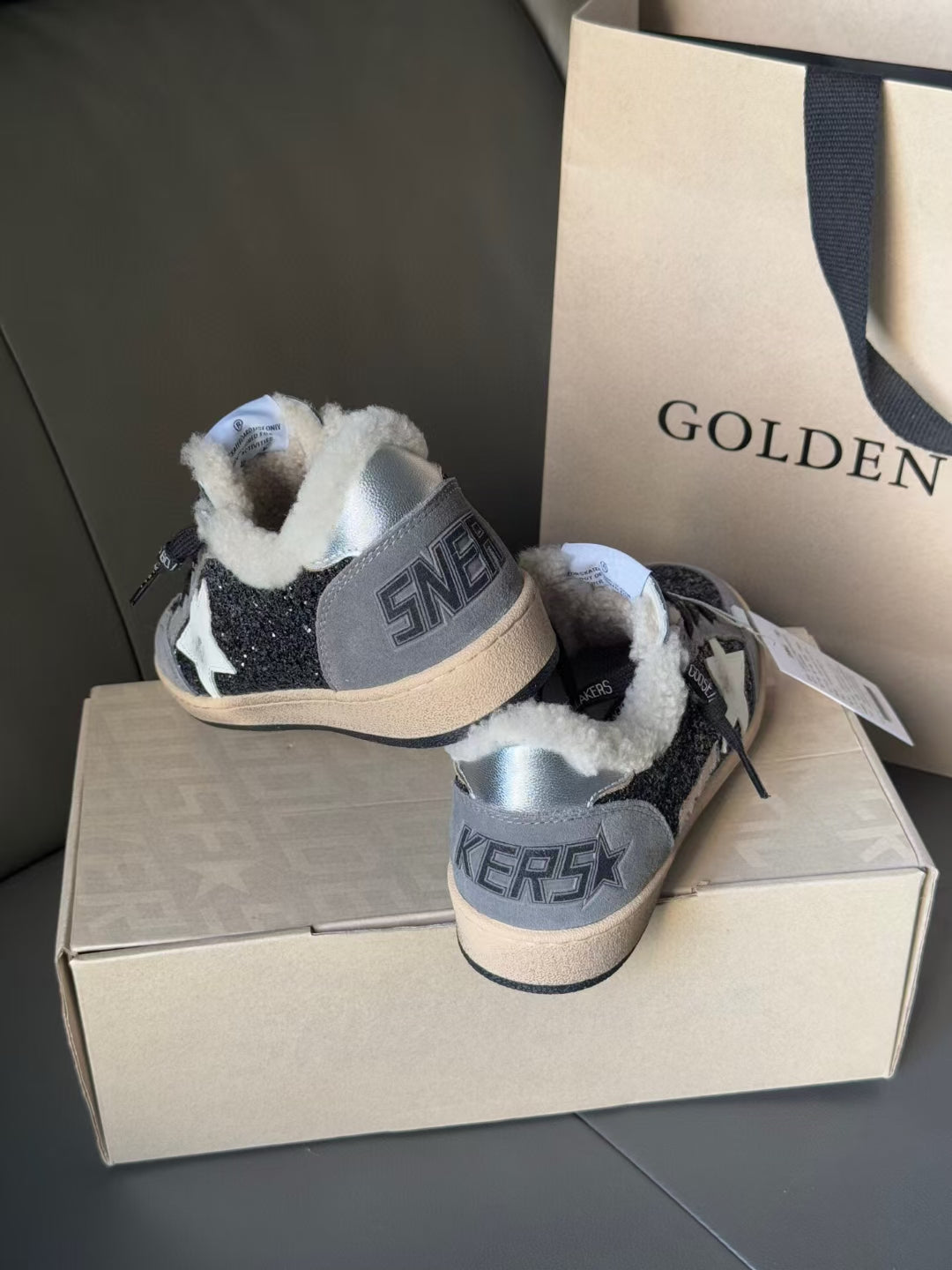 Golden Goose glitter navy sneakers with white star, beige sole, plush sherpa lining, lace-up
