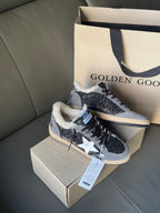 Golden Goose lace-up glitter navy sneakers with white star, beige sole, sherpa interior