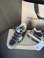 Golden Goose sneakers in glitter navy with white star, beige sole, sherpa collar, lace-up