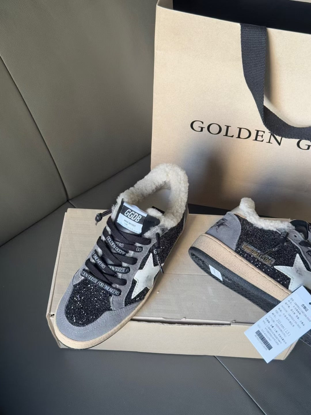 Golden Goose sneakers in glitter navy with white star, beige sole, sherpa collar, lace-up