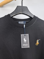 Dark charcoal sweatshirt neckline with Polo Ralph Lauren tag and small pony logo