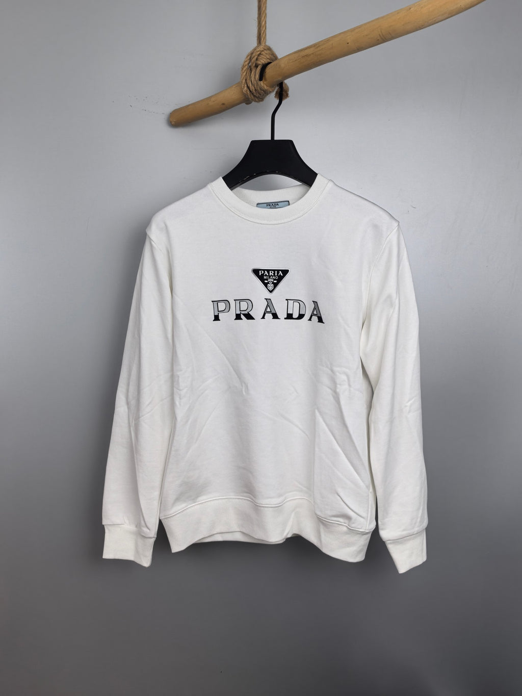 Long-sleeve sweatshirt, white, with PRADA logo across the chest