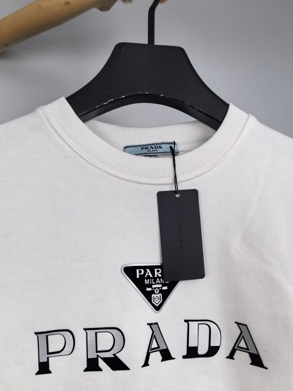 Long-sleeve sweatshirt neckline with PRADA logo print and brand tag