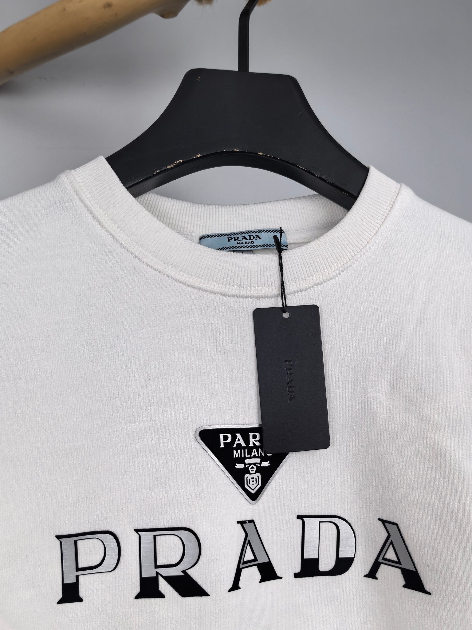Long-sleeve sweatshirt neckline with PRADA logo print and brand tag
