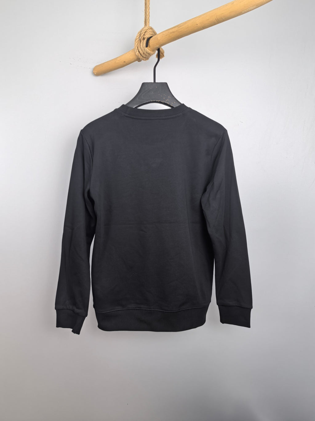 Dark gray long-sleeve sweatshirt, back view on hanger