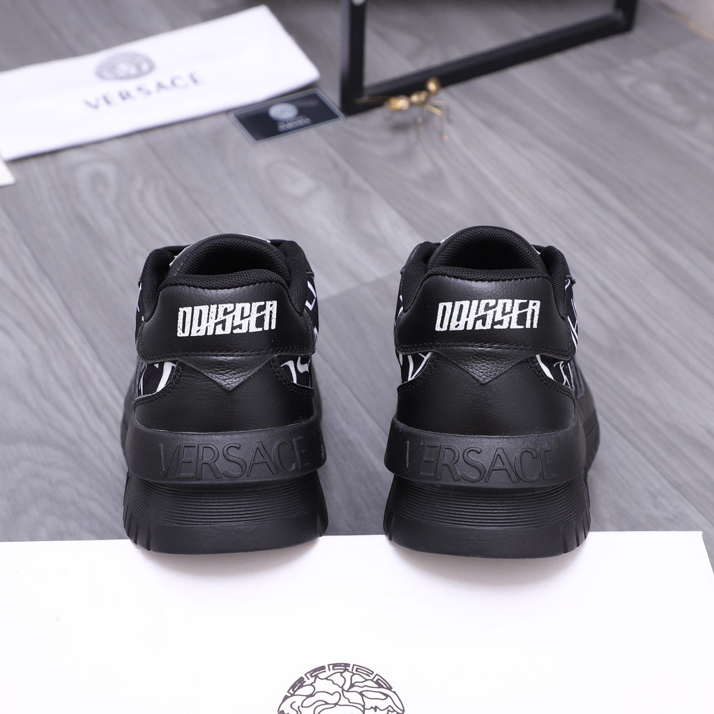 Versace luxury shoes, black sneakers rear view with branded heel and collar