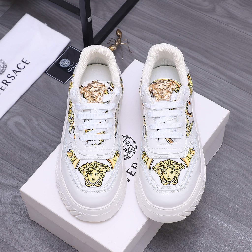 Versace luxury shoes, white sneakers with gold Medusa emblem and patterned side