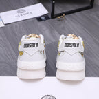 Versace luxury shoes, white back view with gold Medusa hardware and heel logos