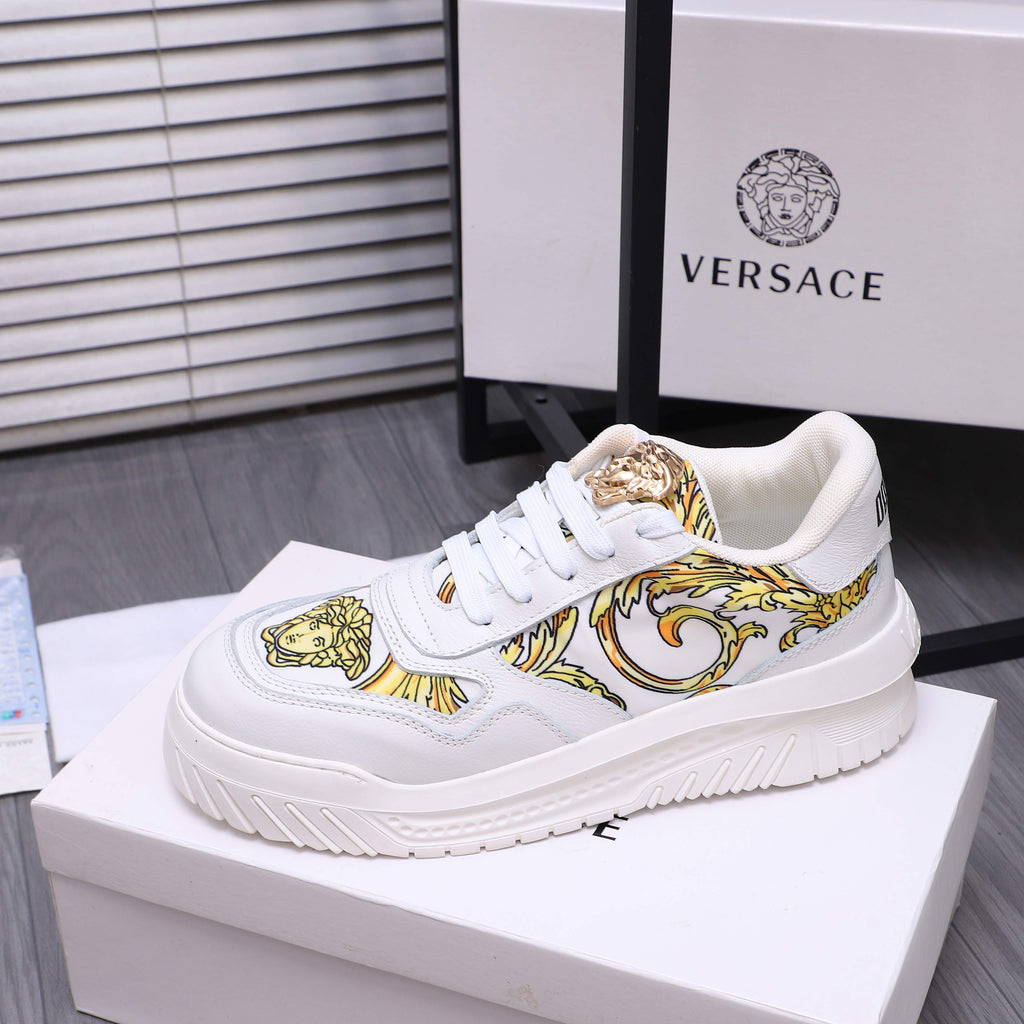 Versace luxury shoes, white lace-up sneakers with gold Medusa hardware and prints