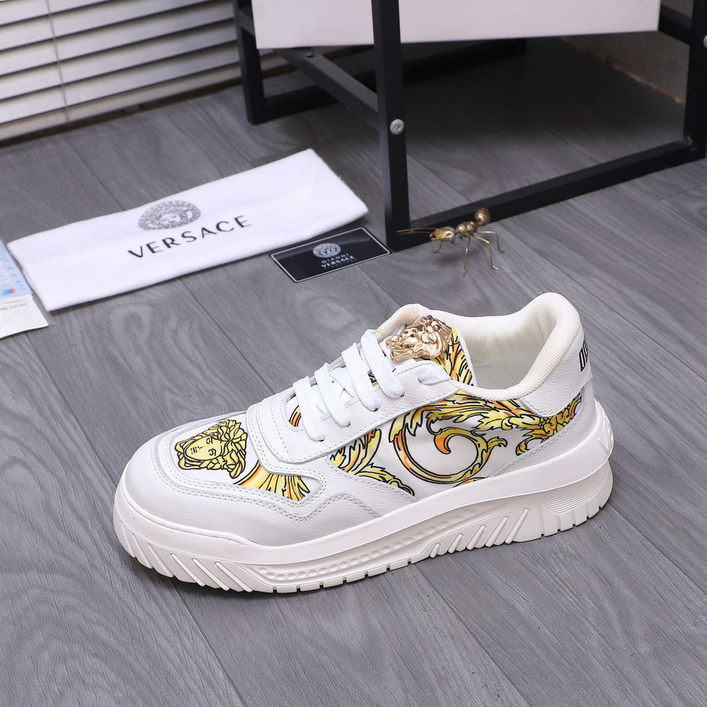 Versace luxury shoes, white sneakers with gold baroque motif and lace-up vamp