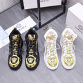 Versace-inspired high-top sneakers, black with gold medallion and baroque print accents