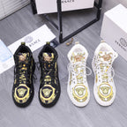 Versace-inspired high-top sneakers, black with gold medallion and baroque print accents