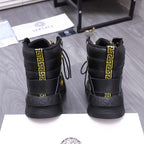 Back view of black high-top sneakers with gold Greek key stripe and Versace heel logo