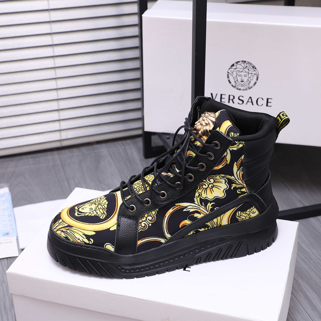 Black high-top sneakers with gold baroque side panel and gold logo heel accent