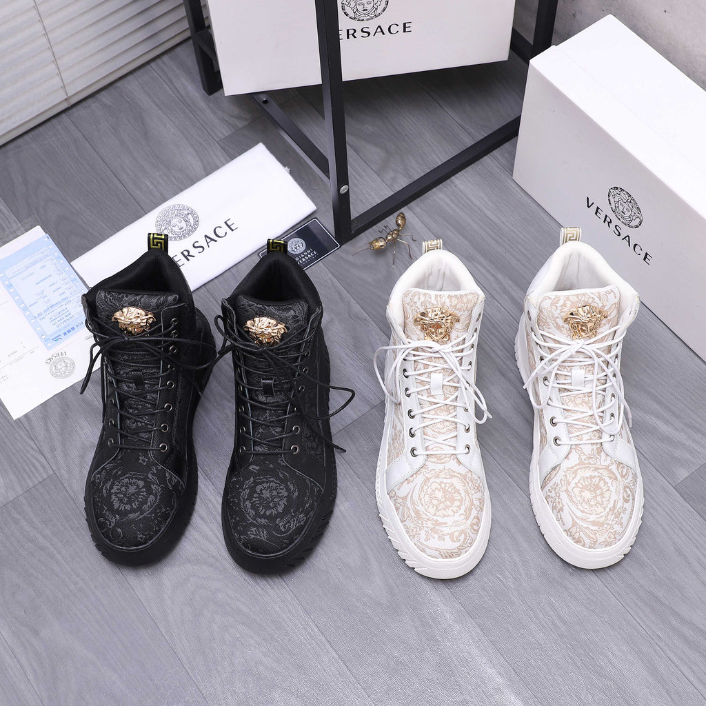 Versace high-top sneakers, black and white with lace-up and gold emblem detail