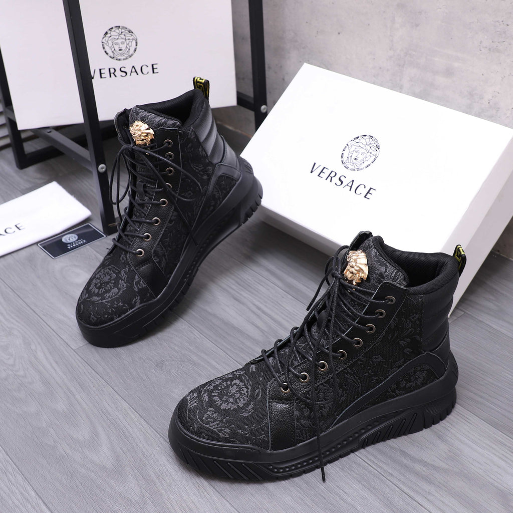 Versace black lace-up high-top sneakers with textured uppers and gold crest detail
