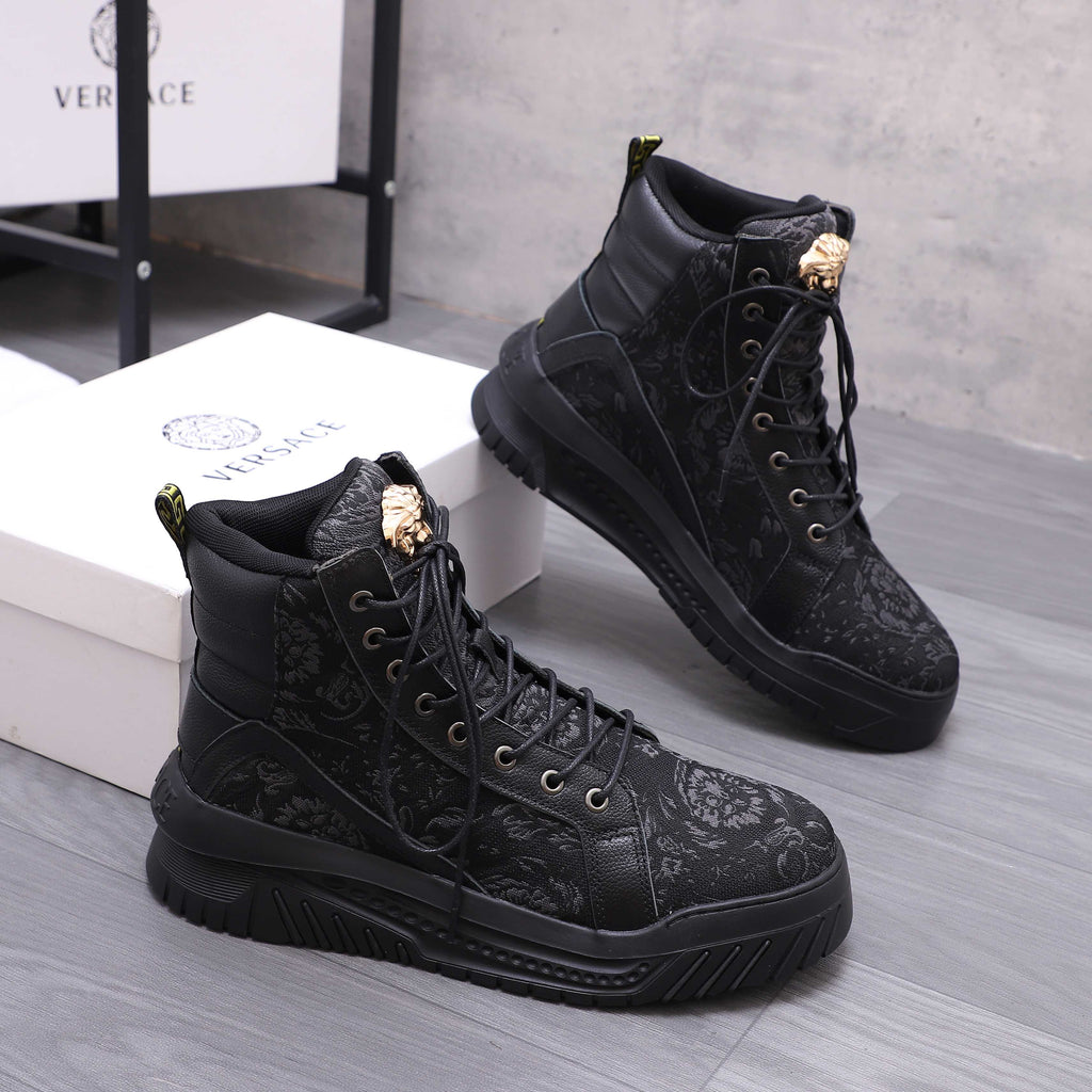 Versace black high-top sneakers with lace-up, textured pattern, and gold top emblem