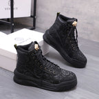 Versace black high-top sneakers with lace-up, textured pattern, and gold top emblem