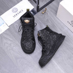 Versace black lace-up high-top sneakers with textured pattern and gold crest detail