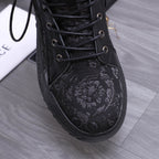 Versace black high-top sneaker with textured floral pattern and lace-up front