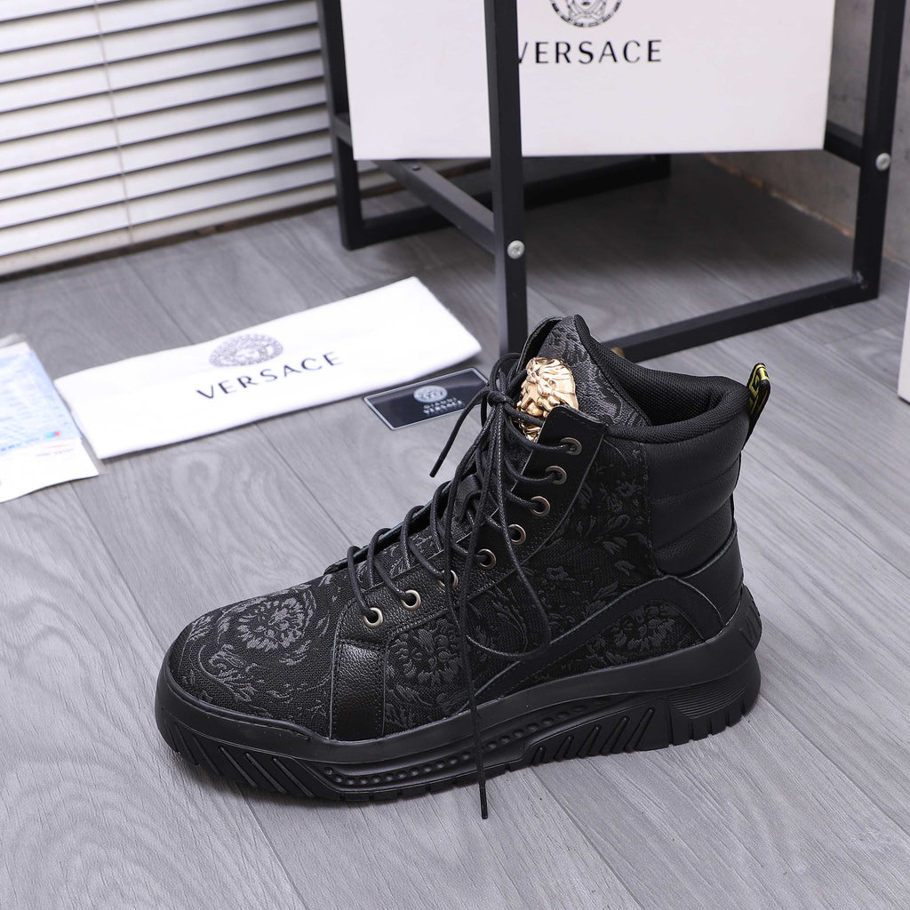 Versace black lace-up high-top sneakers with patterned uppers and gold crest detail