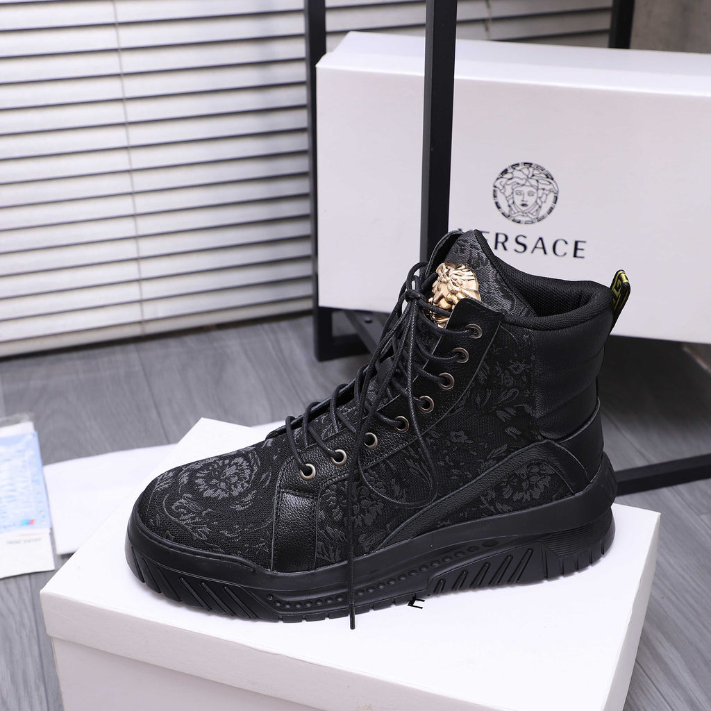 Versace black lace-up high-top sneaker with textured pattern and gold crest on tongue