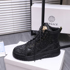 Versace black lace-up high-top sneaker with textured pattern and gold crest on tongue