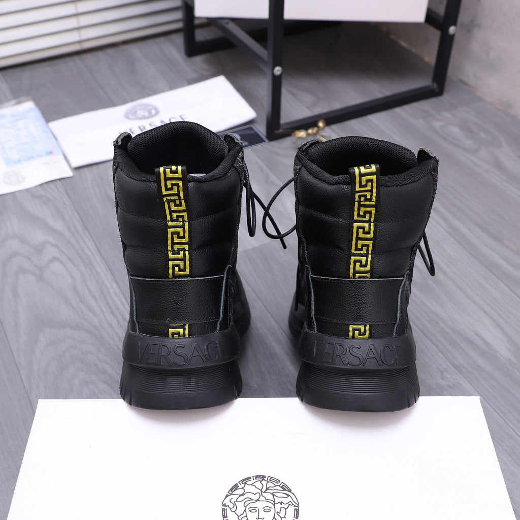 Versace black high-top sneakers with rear gold logo plaque and lace-up closure