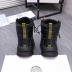 Versace black high-top sneakers with rear gold logo plaque and lace-up closure
