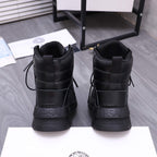 Black lace-up high-top shoes with quilted heel panels and embossed logo on back