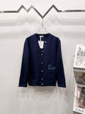 Navy V-neck cardigan with gold buttons and embroidered Dior logo on chest