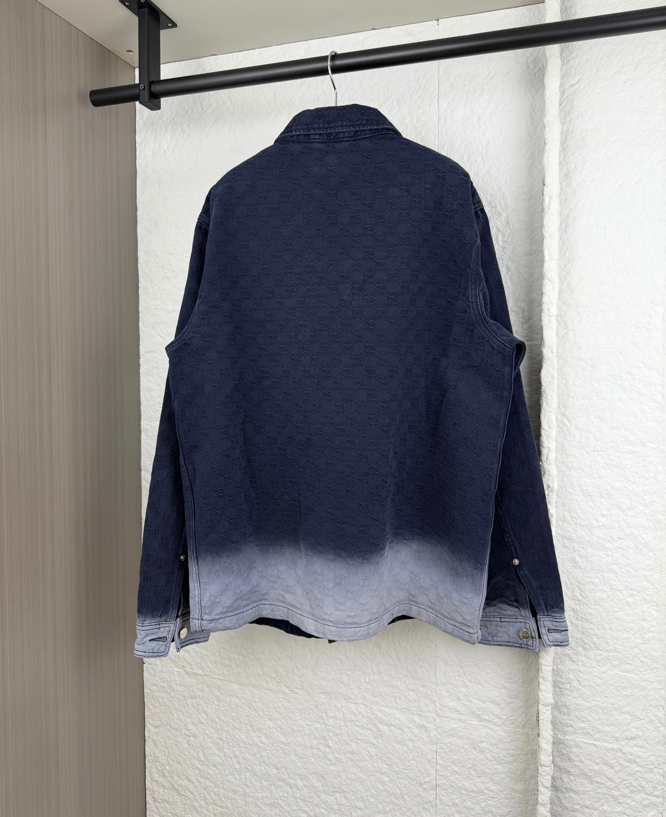 Gucci long denim jacket, dark navy, back view with button details