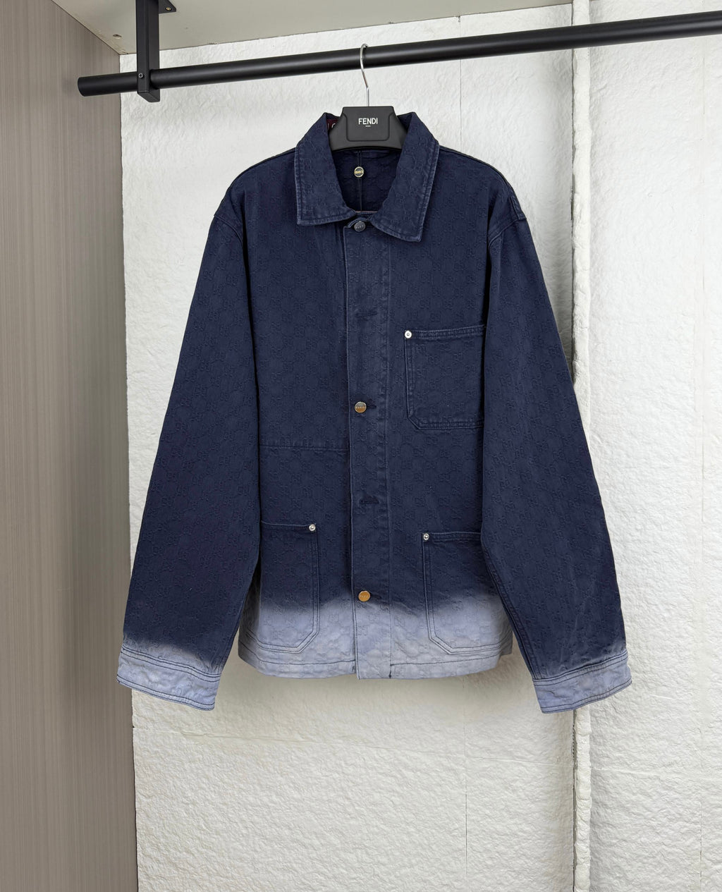 Gucci long denim jacket, dark navy, button-up front and chest pockets