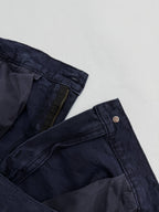 Navy Gucci pants zipper and waistband lining detail, GG fabric pattern